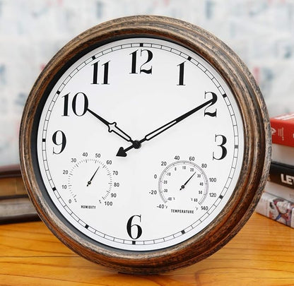 Rsobl 16 Inch Large Indoor Outdoor Wall Clock,Waterproof Non-Ticking Clock with Thermometer and Hygrometer Combo,Battery Operated Clock Wall Decorative-Bronze