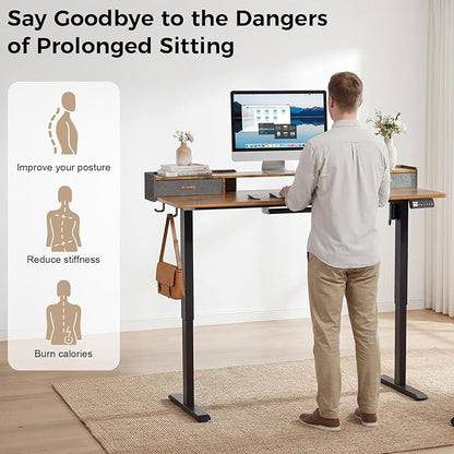 Electric Standing Desk with Drawers, 55 Inch Height Adjustable Desk with Power Outlets & LED Lights, Sit Stand Table with Monitor Stand for Home, Office, Rustic Brown