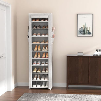 VTRIN Vertical Narrow Shoe Rack Organizer Tall Shoe Rack for Closet Entryway 10 Tier Non-Woven Cover Shoe Shelf Holds 20-22 Pairs Free Standing Shoe Storage Cabinet with Dustproof Cover, Multi Color