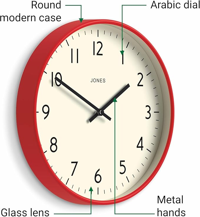 JONES CLOCKS® Studio wall Clock | Modern Round Style | 12 inch | Red | Easy to Read Numbers | Versatile Design for Kitchen, Living Room or Office