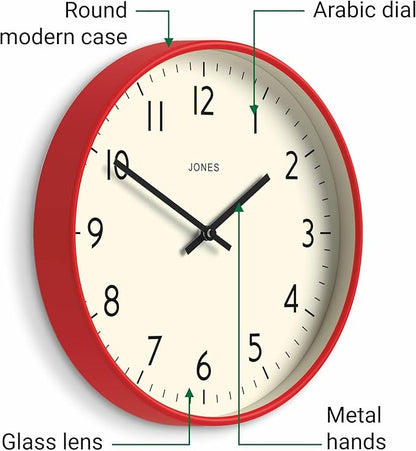 JONES CLOCKS® Studio wall Clock | Modern Round Style | 12 inch | Red | Easy to Read Numbers | Versatile Design for Kitchen, Living Room or Office