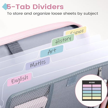 Sooez Zipper Binder Bag, 1 Inch Binders 3 Ring O-Ring, 5-Tab Dividers Expanding File Folder, 500-Sheet Capacity Three Ring Binder, Cute Organizer Storage for Student School Classroom Supplies, Pink