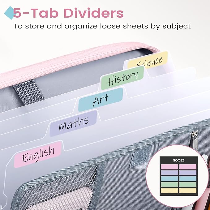 Sooez Zipper Binder Bag, 1 Inch Binders 3 Ring O-Ring, 5-Tab Dividers Expanding File Folder, 500-Sheet Capacity Three Ring Binder, Cute Organizer Storage for Student School Classroom Supplies, Blue