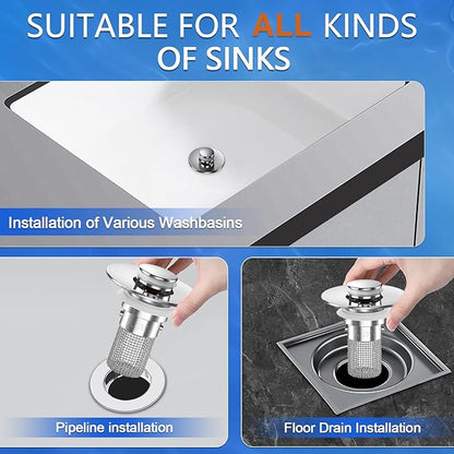 Sink Stopper Hair Catcher, Pop-up Sink Drain Strainer with Removable Stainless Steel Strainer Basket Hair Catcher, Bathroom Sink Strainer for Bathroom Sink Stopper Replacement (2, Silver)
