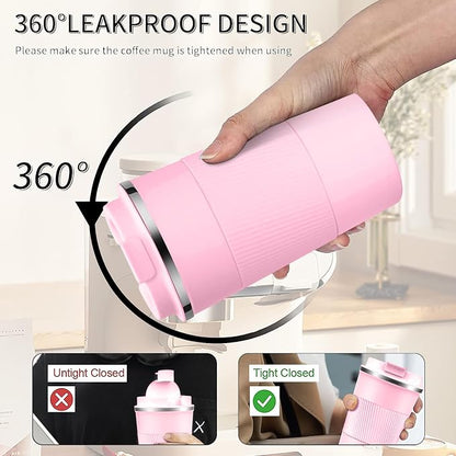 YINBAOGE Insulated Travel Coffee Mug, Spill & Leak Proof, Portable To Go Camping Stainless Steel Coffee Tumbler, Reusable Thermal Coffee Cup with Lid for Hot & Cold Drinks (Pink, 17 OZ)