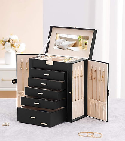 Homde Jewelry Box Large for Women: 6 Layers 5 Drawers Organizer with Mirror for Ring Earring Necklace - Storage Holder with Lock for Dresser (Black)