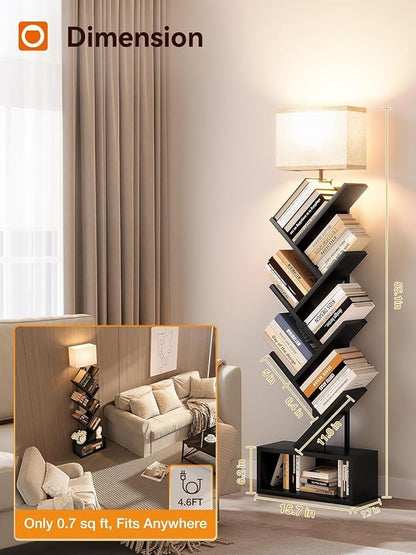 addlon 6-Tier Tree Book Shelf with LED Light, Steel&Wood Bookshelf with Storage Cabinet, Narrow Tall Bookcase with 3CCT Bulb, Small Bookshelf for Bedroom, Home Office&Living Room-Black Oak