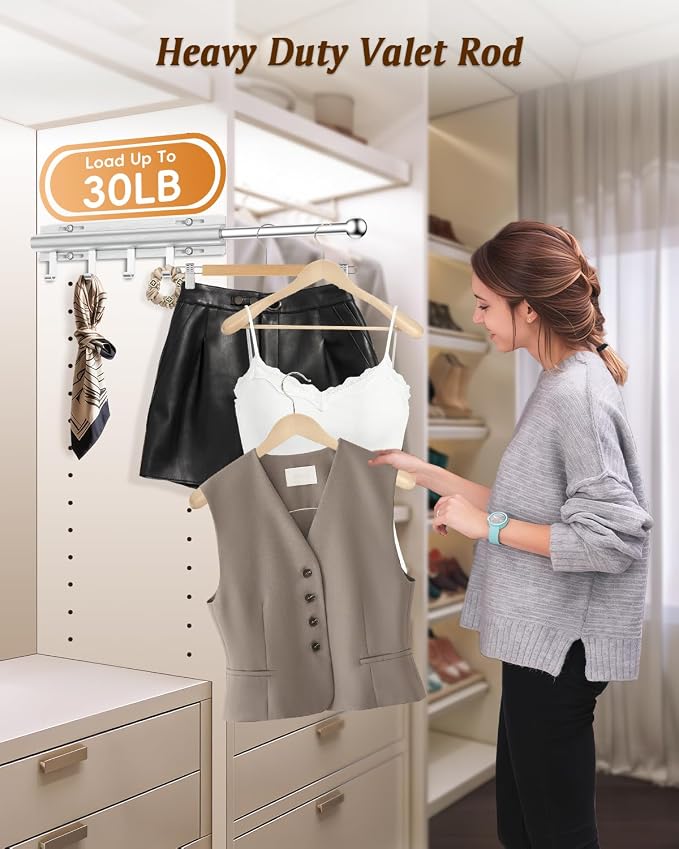 Supforce Valet Rod for Closets, 12" Valet Rod With 4 Hooks, Closet Organizer Slide Out Clothing Hanger Rods Extender Perfect for Suits,Dresses,Belt,Tie, Black