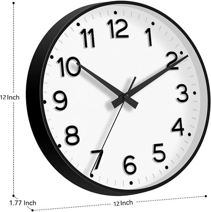 Roymnie Wall Clock 12 Inch Silent Wall Clocks Battery Operated-Modern Non Ticking Analog Clock Decorative for Kitchen Bedroom Office (Black)