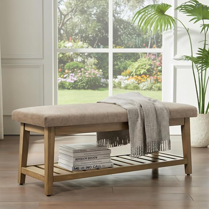 Entryway Shoe Bench with Cushion, End of Bed Bench,Upholstered Bench for Kitchen, Bench with Solid Wood Shelf, Fabric Ottoman Bench for Hallway, Living Room (Brown)