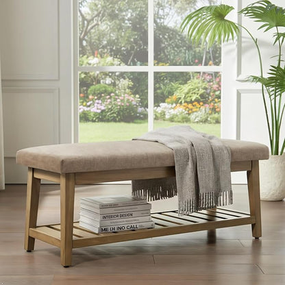 Entryway Shoe Bench with Cushion, End of Bed Bench,Upholstered Bench for Kitchen, Bench with Solid Wood Shelf, Fabric Ottoman Bench for Hallway, Living Room (Brown)