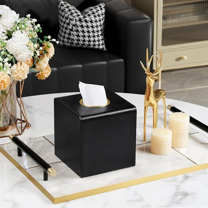 MEIBOOCH Square Tissue Box Cover, Luxury PU Leather Tissue Holder with Magnetic Closure (Black)