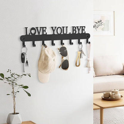Key Holder for Wall - 'Love You Bye' Key Hooks,Key Holder Wall Mount Self Adhesive, Key Rack Wall Mount for Wall No Drill for Living Room, Kitchen, Bathroom, Garage (Black, 8Hooks)