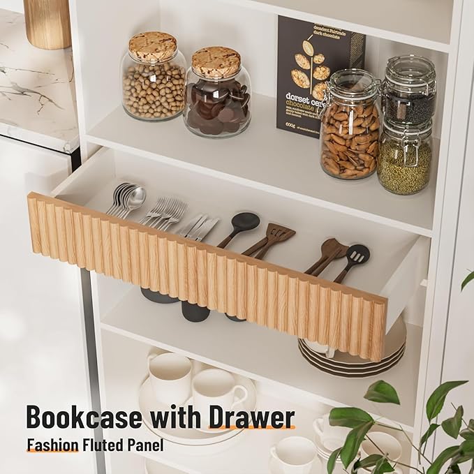 7-Tier Bookshelf with Storage, 72" Tall Bookcase with Drawer, Display Book Shelf Book Organizer with Anti-tip Device, Home Decor Wood Furniture for Office, Bedroom, Living Room, White