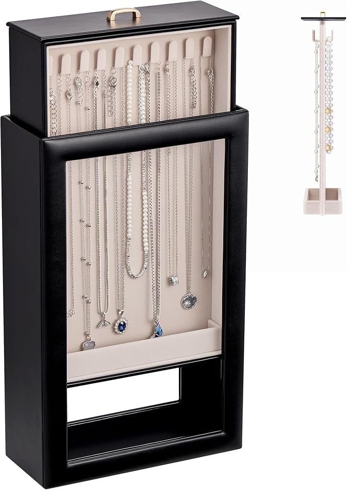 Lolalet Upgraded Double-Sided Hanging Necklace Organizer Box, Jewelry Display Case with Double-Sided Clear Window for Necklaces Bracelets, Tangle-Free Necklace Storage Box, Black, 1-Layer 20 Hooks