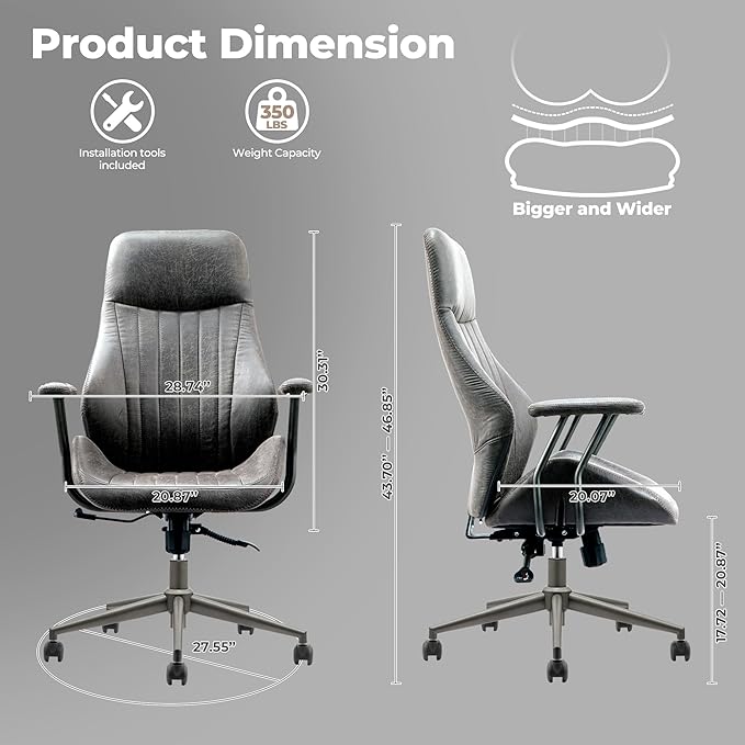 ovios Home Office Chair, Mid-Century Modern Faux Suede Leather Ergonomic Chairs, High Back Comfy Computer Swivel Rolling Task Executive Armchair, Grey