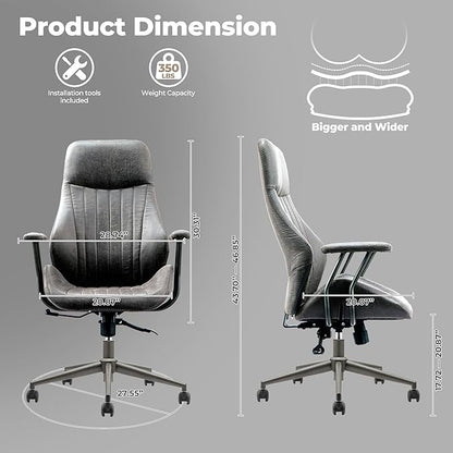 ovios Home Office Chair, Mid-Century Modern Faux Suede Leather Ergonomic Chairs, High Back Comfy Computer Swivel Rolling Task Executive Armchair, Grey