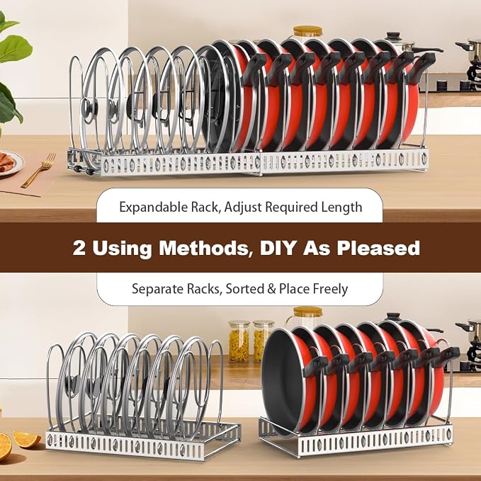 Housolution Pot and Pan Organizer Rack for Cabinet, Stainless Steel Expandable Pot Lid Organizer with 14 Adjustable Dividers, Pot and Pan Holder Rack Storage Organizer for Kitchen, Silver