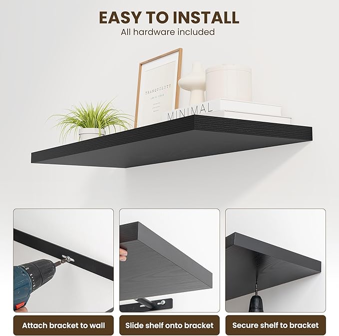 Dreamland 36" Floating Shelves for Wall, 12" Deep Slim Black Floating Shelves, Wall-Mounted Shelves for Bedroom, Living Room, Kitchen, Bathroom - Set of 2