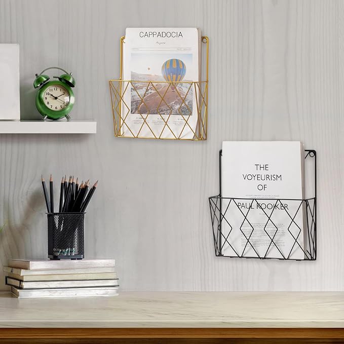 Wall-Mounted File Organizer, Metal Wall File Holder, Magazine Rack, Space-Saving Design, Ideal for Home Office, Workspace, and Study Room Organization (Black)