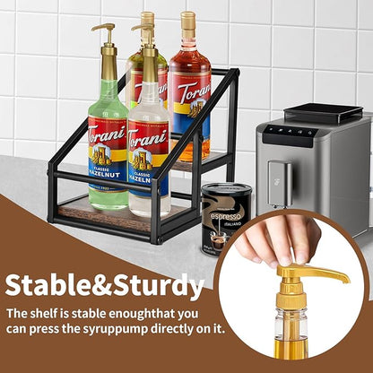 YQBRAO Coffee Syrup Rack Organizer,Liquor Bottle Display Shelf,2-Tier 4 Bottle Stand for Coffee Bar, Kitchen Station, Liquor, Wine, Dressing,Rustic Brown