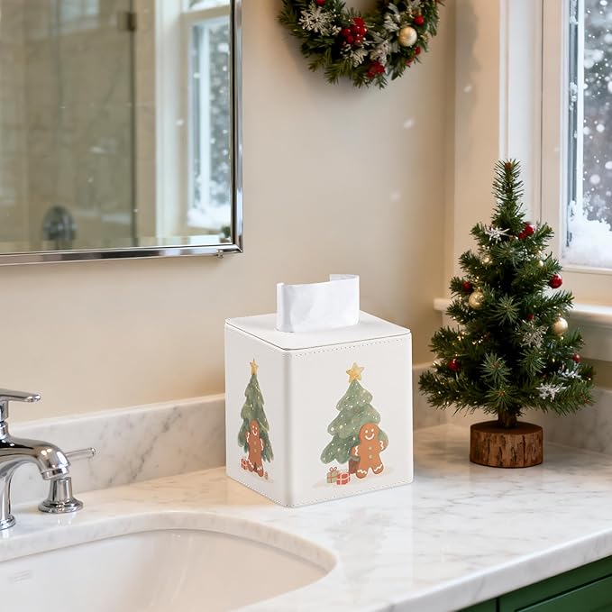 MEIBOOCH PU Leather Tissue Box Cover Square Tissue Box Holder with Magnetic Closure (Christmas Style)