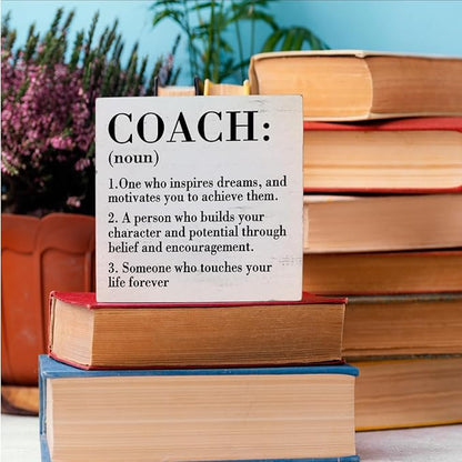 HTBIG Rustic White Wooden Coach Definition Sign, 5.1 x 5.1 Inches, Perfect for Home Office, Bedroom, Classroom, Cubicle, Counseling Desk, Shelf, Table Decoration