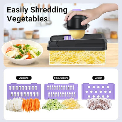 SpaceHacks 15-in-1 Vegetable Chopper, Kitchen Gadgets with 10 Blades, Veggie, Food, Onion Chopper, Cucumber Slicer, Versatile Mandoline, Includes Egg Separator & Finger Guard, Purple