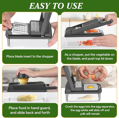 HomeHacks Vegetable Chopper Vegetable Cutter, 12 in 1 Kitchen Gadget, Dicer, Slicer, Onion Cutter, Salad, Cheese Grater & Egg Separator - Multi-Functional Veggie Chopper Lid with Handle (Grey)