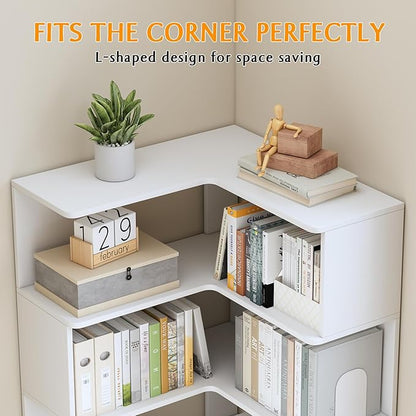 IOTXY 6-Tier L-Shaped Corner Bookshelf - 66" Tall Wooden Freestanding Bookcase with Open Shelf Units, Oak