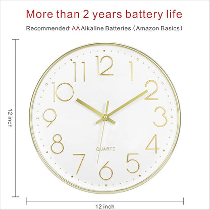 Foxtop Gold Wall Clock 12 Inch Silent Non-Ticking Battery Operated Round Modern Wall Clock for Living Room Bedroom Kitchen Home Office Decor