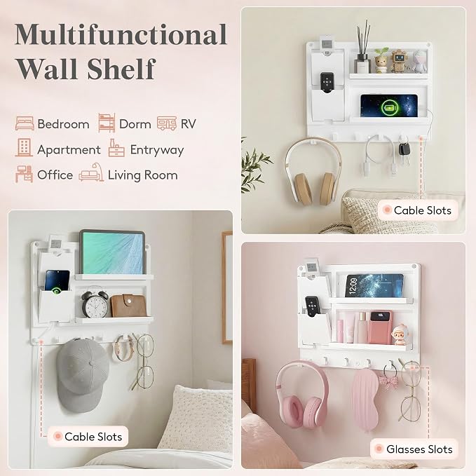 Lifewit Plastic Bedside Shelf, Adhesive Floating Shelves, Key Remote Control Holder, Wall Organizer for Glasses, Phone, Earbuds, Bedroom Decor, Dorm Room Essentials, White