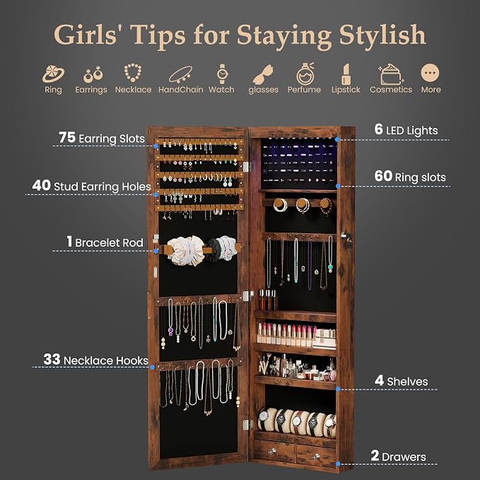 DUMOS Jewelry Armoire Cabinet with Full Length Mirror, 47.2" Wall Mounted or Over the Door Jewelry Organizer with 33 Necklace Hooks, Lockable Large Capacity Jewelry Armoire with Drawers, Rustic Brown
