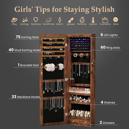 DUMOS Jewelry Armoire Cabinet with Full Length Mirror, 47.2" Wall Mounted or Over the Door Jewelry Organizer with 33 Necklace Hooks, Lockable Large Capacity Jewelry Armoire with Drawers, Rustic Brown