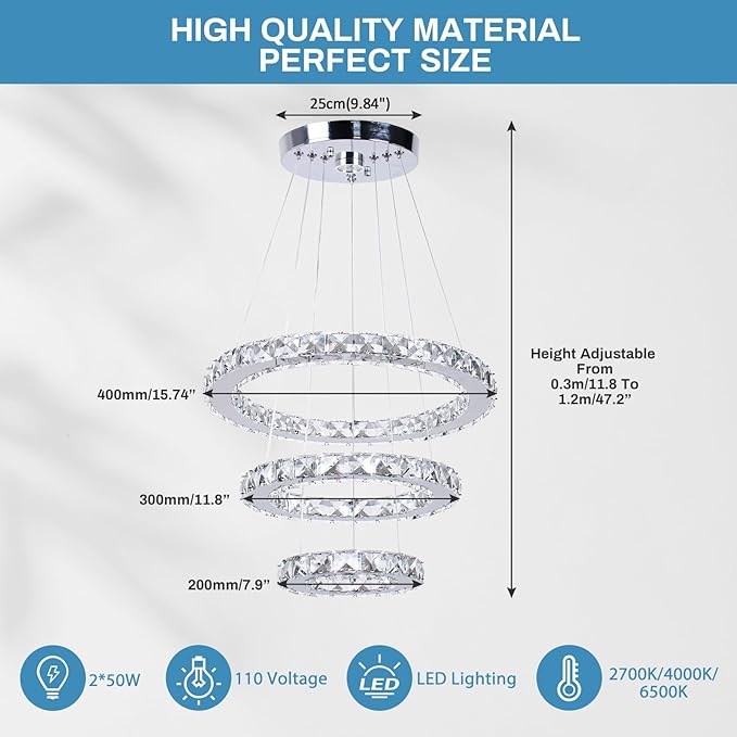 Chandelier LED Crystal Chandelier Lighting Dimmable LED Chandeliers Modern Ceiling Light Fixture 3 Rings Adjustable Stainless Steel Pendant Light for Bedrooms Living Room