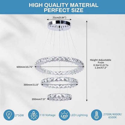 Chandelier LED Crystal Chandelier Lighting Dimmable LED Chandeliers Modern Ceiling Light Fixture 3 Rings Adjustable Stainless Steel Pendant Light for Bedrooms Living Room