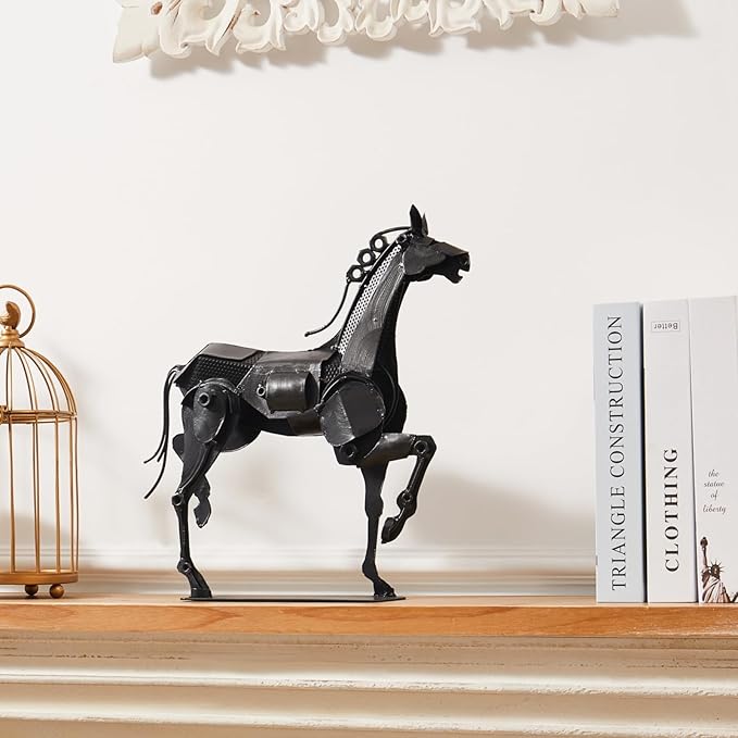 Metal Horse Statue - Rustic Handmade Western Decor - 100% Hand-Painted Horse Figurines for Office & Home - Black