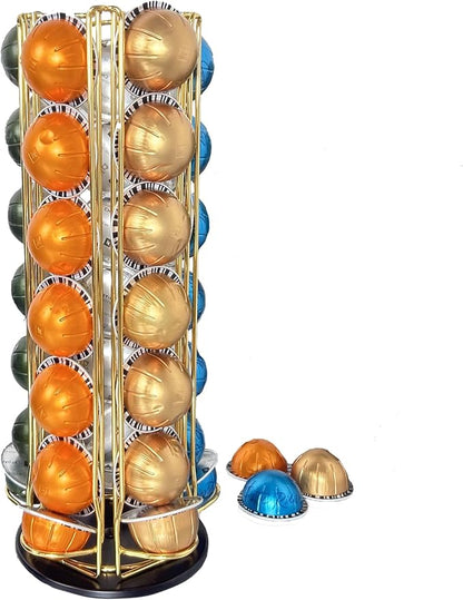 Coffee Pod Holder Carousel Organizer for Nespresso - 35 Capsule Coffee Pod Holder with 360° Rotation, Space-Saving Design for Kitchen Countertops (Gold)