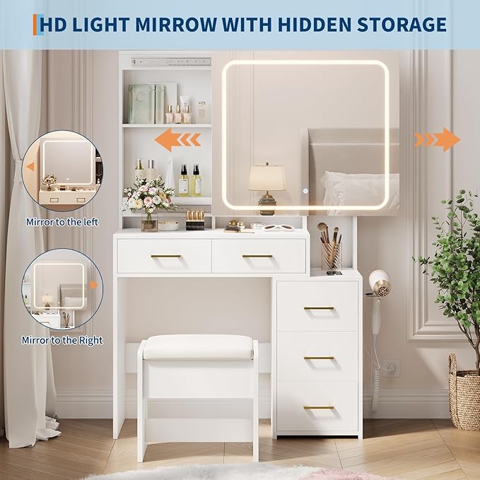 IDEALHOUSE Vanity Desk with Mirror and Lights, Makeup Vanity Set with Drawers & Chair, 3 Light Mode and Brightness Adjusted & Power Outlet, Dressing Table with Hairdryer Holder for Bedroom