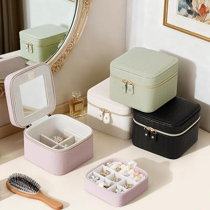 DesignSter Travel Jewelry Case for Woman, Small Travel Jewelry Box with Mirror,4.72×4.72×3.54 inches,Portable Design Travel Jewelry Organizer,Double Headed Zipper
