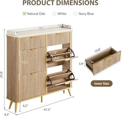 Fluted Shoe Cabinet Storage, Modern Slim Shoe Organizer Cabinet with 4 Flip Drawers & 2 Drawers, Wooden Freestanding Shoe Rack Cabinets for Entryway, Foyer, Hallway, Natural Oak