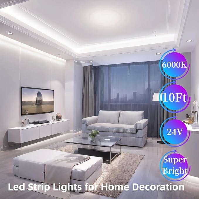 Under Cabinet Lighting Kit Small Led Strip Lights 10 ft White, Dimmable Flexible LED Lights Strip, 180 Leds, Super Bright LED Tape Rope Lights for for Kitchen Cabinets, Shelf, Desk, Counter