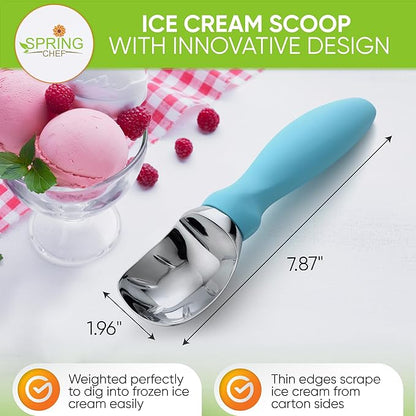 Spring Chef Ice Cream Scoop with Soft Grip Handle, Professional Heavy Duty Sturdy Scooper, Premium Kitchen Tool for Cookie Dough, Gelato, Sorbet, Aqua Sky