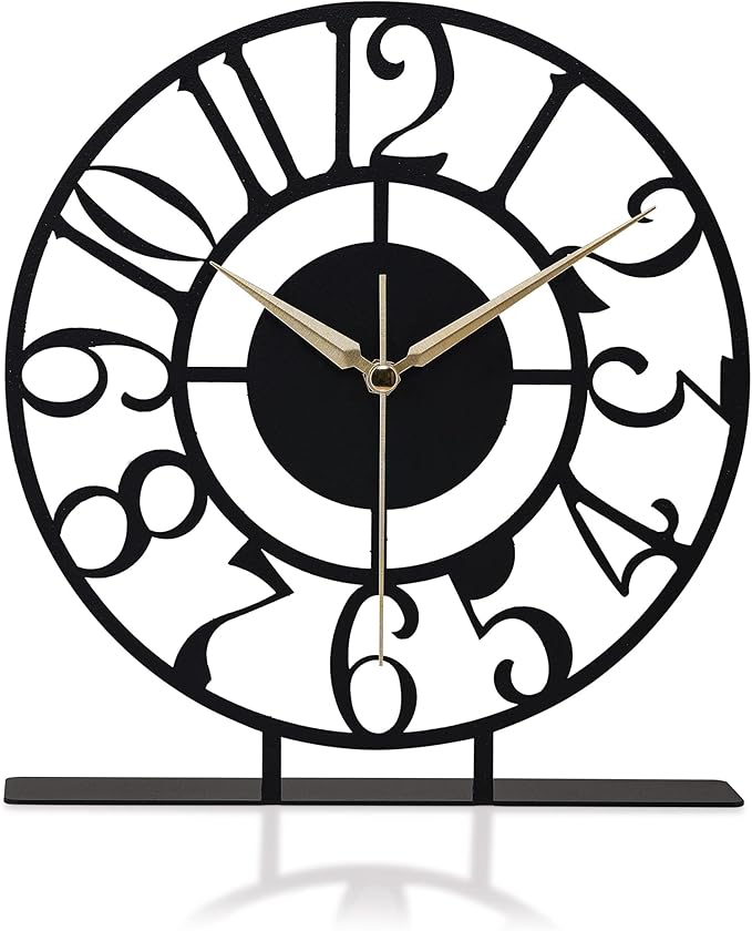 muyika 8.9x9.5 Metal Desk Clock, Black Round Silent Non-Ticking Analog Table Clock, Battery Operated, Decorative Desk and Shelf Clock, Desk Clocks for Living Room Bedroom Kitchen Office School