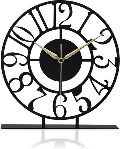 muyika 8.9x9.5 Metal Desk Clock, Black Round Silent Non-Ticking Analog Table Clock, Battery Operated, Decorative Desk and Shelf Clock, Desk Clocks for Living Room Bedroom Kitchen Office School