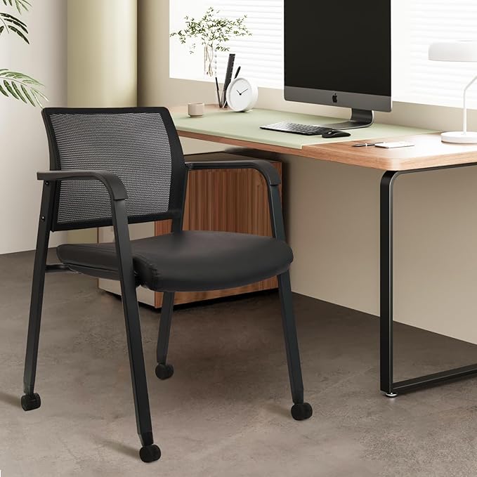 CLATINA Stacking Office Chair with Wheels, Mesh Back Waiting Room Guest Chairs with Arms Comfortable Leather Cushion Stackable Desk Chair for Conference Reception School Side Stationary, Black