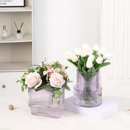 Purple Glass Vases, Set of 2 Ribbed Vases for Flowers, Purple Vase for Tulips, Modern Glass Vase for Living Room, Dining Table, Office, Entryway, Mantle, Bookshelf, Wedding Gifts