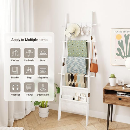 ELYKEN Blanket Ladder for Living Room, 5-Tier Wooden Towel Rack with Synthetic Leather Pocket, 4 Removable Hooks, Decorative Leaning Ladder Shelf for Bedroom, White