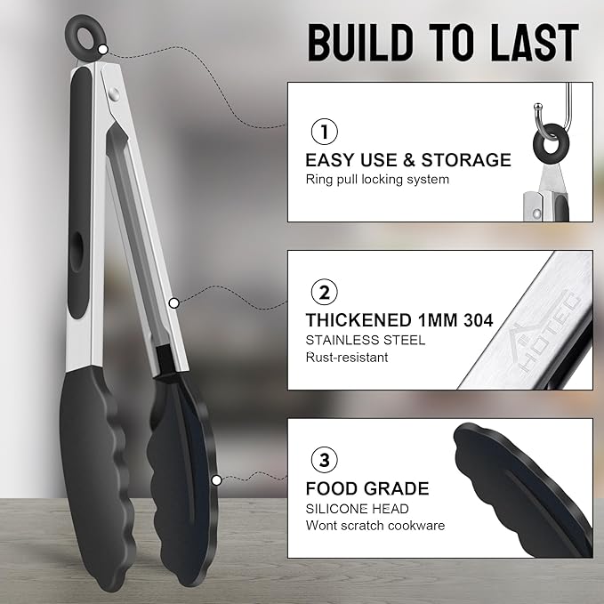 HOTEC Premium Kitchen Tongs, 7 & 9 Inch, Stainless Steel, Black, Set of 2 | Silicone Tips, Durable Spring Locking Mechanism, Non-Scratch & Heat Resistant, For Salad, BBQ, Serving