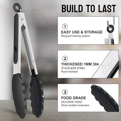 HOTEC Premium Kitchen Tongs, 7 & 9 Inch, Stainless Steel, Black, Set of 2 | Silicone Tips, Durable Spring Locking Mechanism, Non-Scratch & Heat Resistant, For Salad, BBQ, Serving